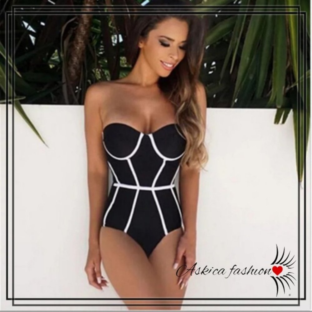 Patchwork One Piece Black And White Swimsuit - image 1